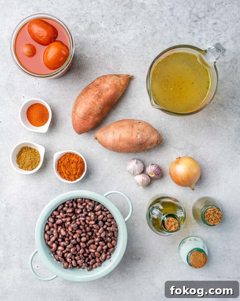 Top down view of sweet potato chili ingredients.