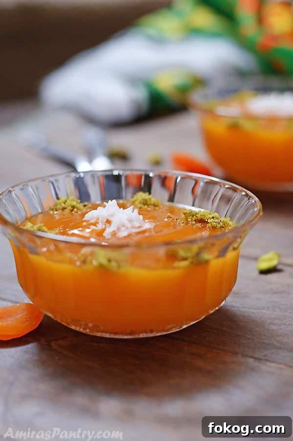Qamar al-Deen Apricot Pudding Recipe: Traditional Middle Eastern Dessert 8 A glass cup with Apricot pudding