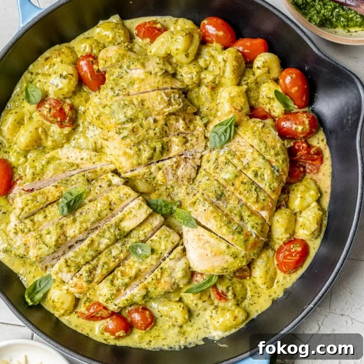 cast iron skillet with sliced chicken breast and cherry tomatoes covered in pesto sauce