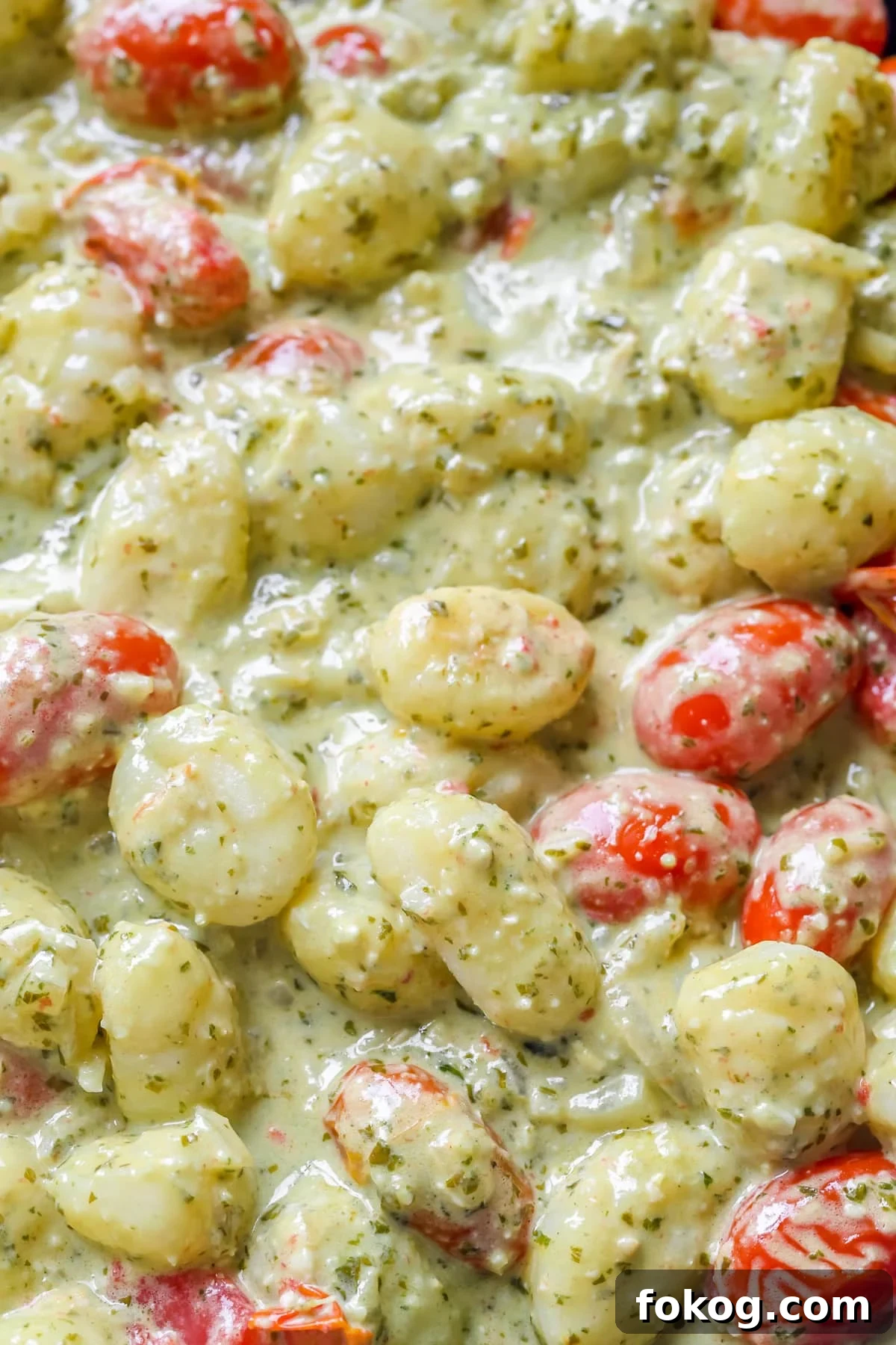 an up close image of pesto, tomatoes and gnocchi.