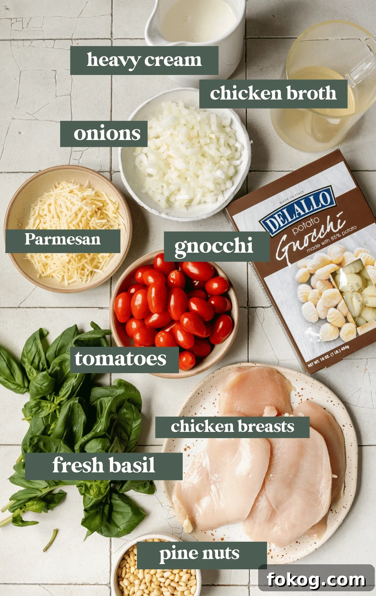 ingredients needed to make a chicken and pesto gnocchi dinner.