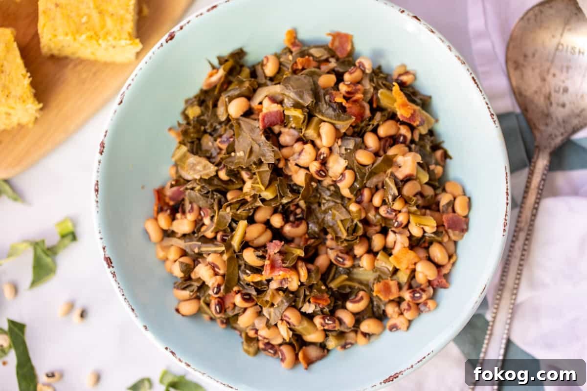 Instant Pot Black Eyed Peas with Collard Greens Bowl of Instant Pot Black Eyed Peas and Collard Greens next to cornbread and dried beans.