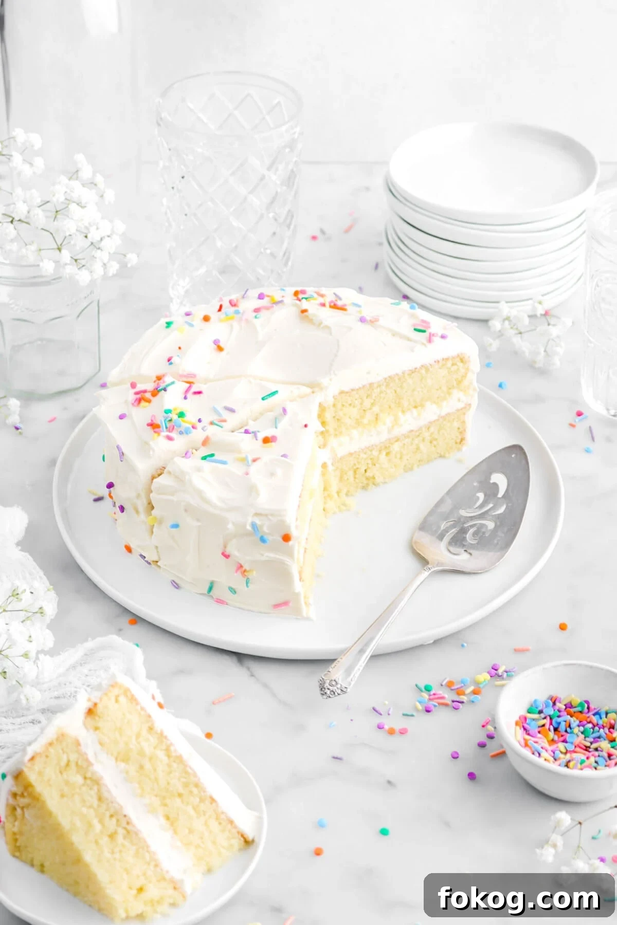Classic Vanilla Cake with Smooth Buttercream Frosting 4 angled shot of vanilla cake on white plate with two slices cut into it and a cake knife beside, a slice of vanilla cake on smaller white plate in front, with sprinkles and white flowers around, a stack of white plates, and three empty glasses behind.