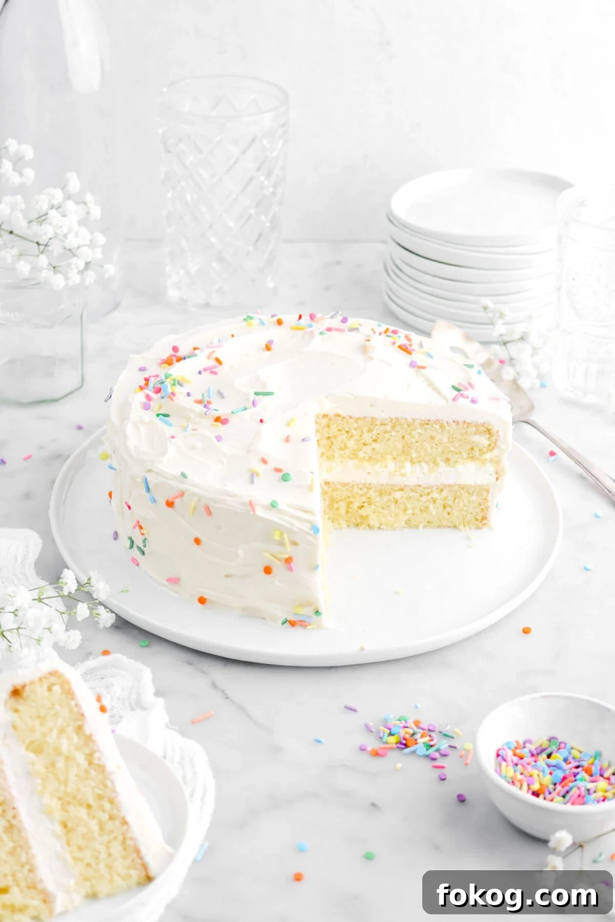 Classic Vanilla Cake with Smooth Buttercream Frosting 19 angled shot of cut vanilla cake on white plate with a slice of cake on white plate in front of cake with sprinkles and white flowers around.