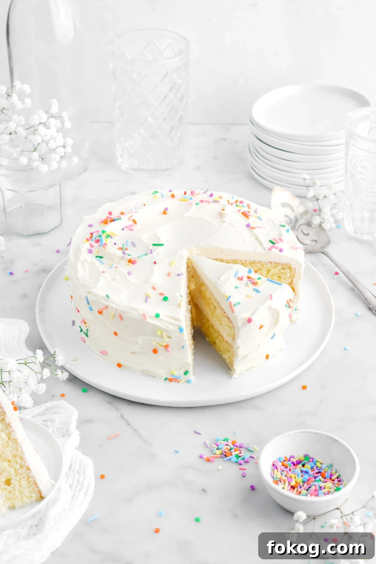Classic Vanilla Cake with Smooth Buttercream Frosting 6 angled shot of vanilla cake with slice cut into it on white plate with sprinkles and white flowers around.