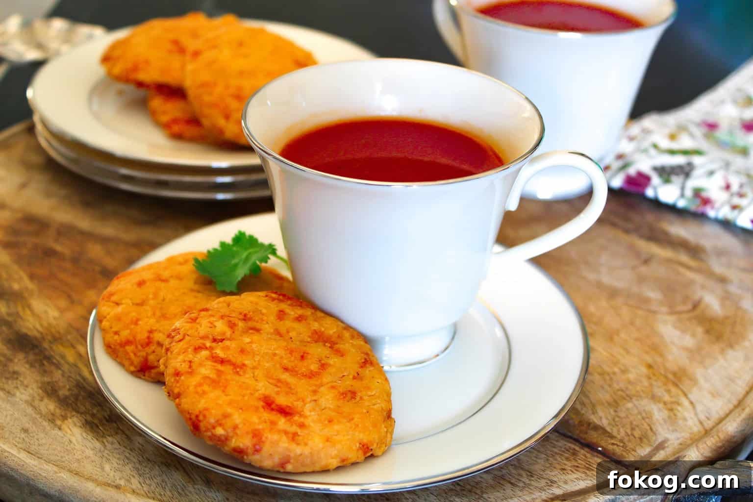 Tomato and Herb Broth Recipe for Flavorful Soups and Stews 4 Non-Alcohol Southern Tomato Aperitif in a white china cup with two cheddar wafers on the saucer