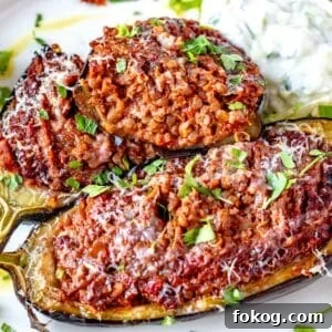 Stuffed eggplant cut into half with parmesan cheese and parsley