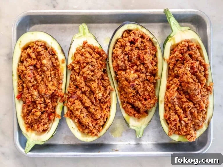 stuffed eggplant before baking