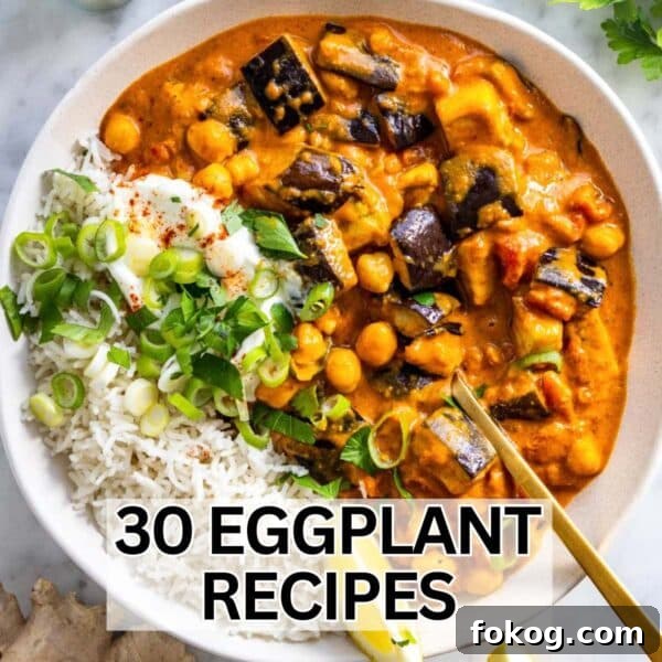 Creamy eggplant curry recipe served with basmati rice, fresh herbs, and a wedge of lime.