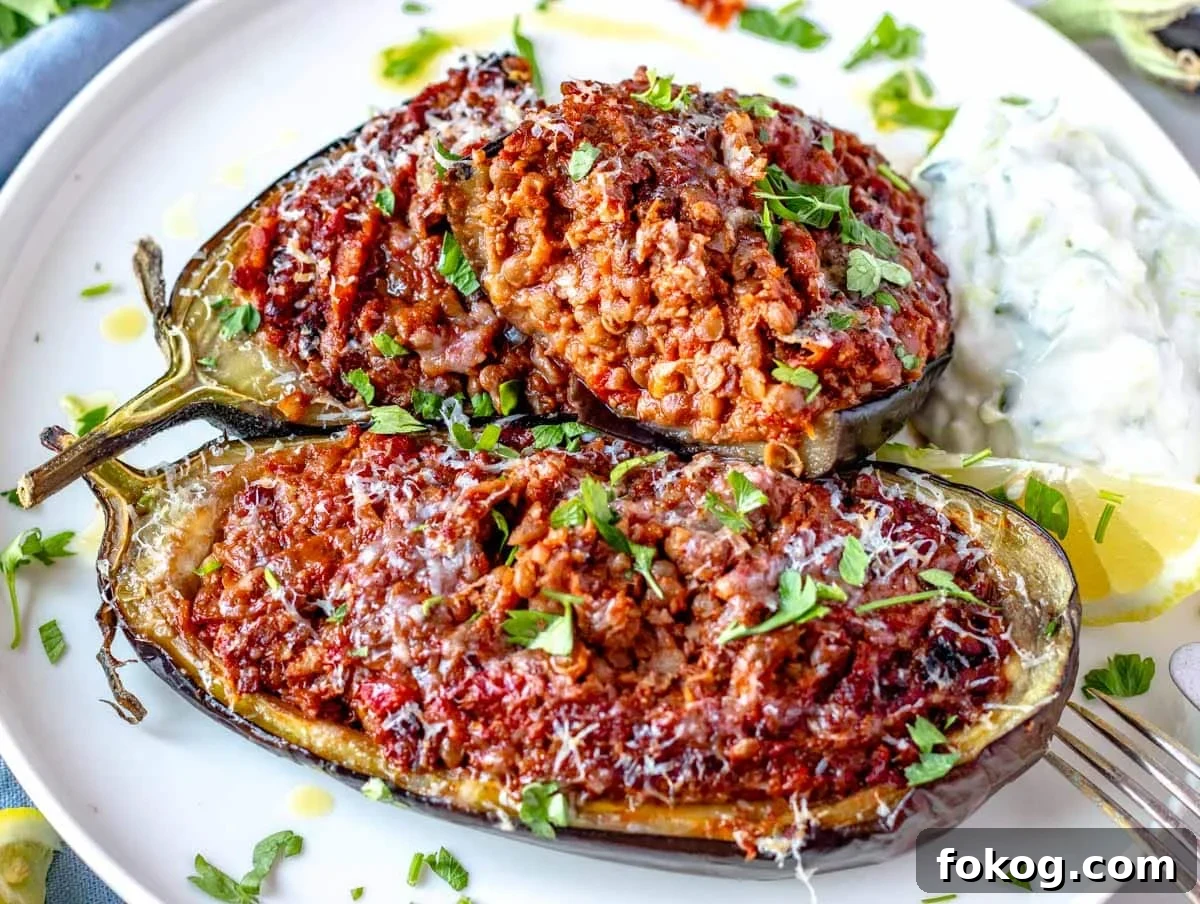 Stuffed eggplant cut open on a plate with tzatziki