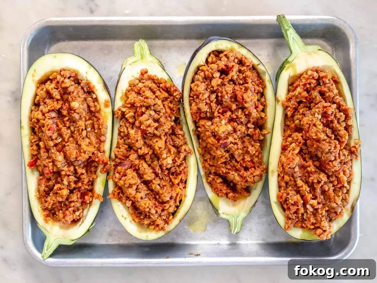 stuffed eggplant before baking