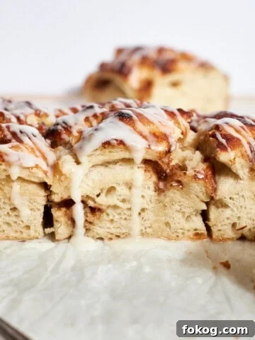 A side view of Sourdough Discard Cinnamon Roll Focaccia.