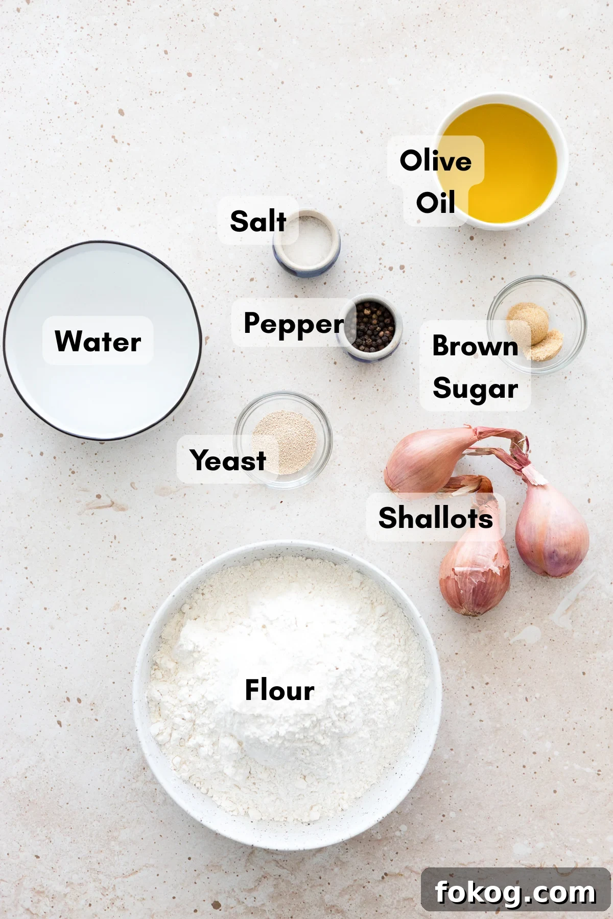 Ingredients for Caramelized Shallot Focaccia in small bowls. 