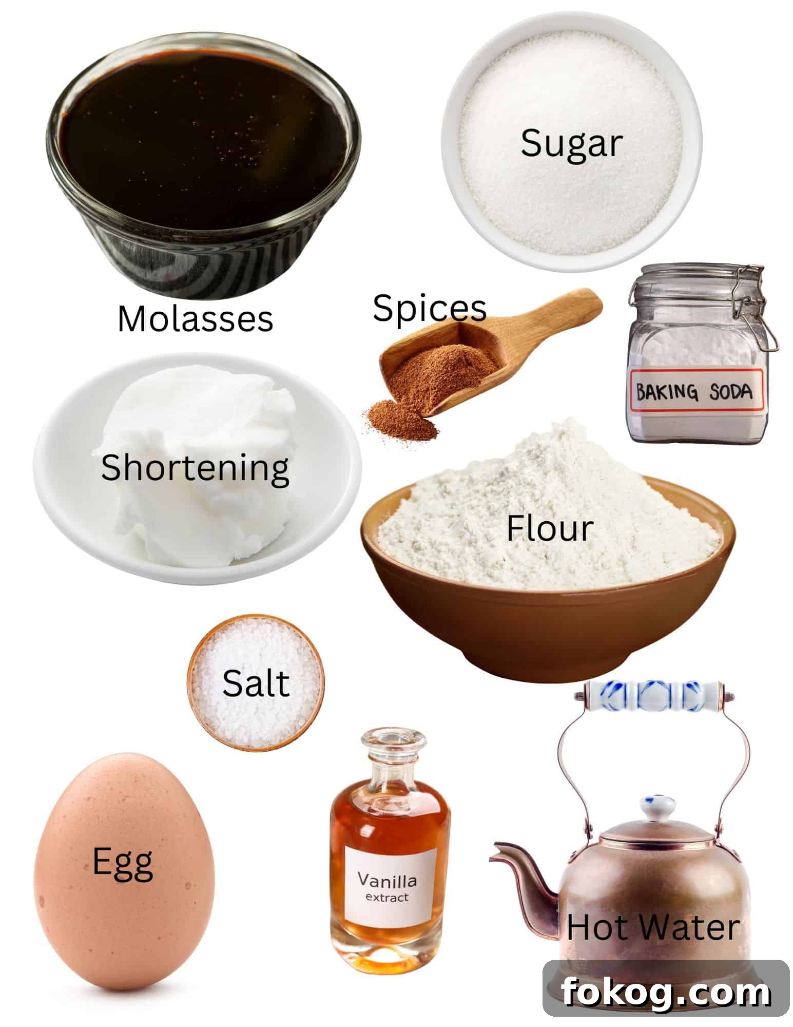 Bowls of molasses, shortening, sugar, flor, salt, jars of baking soda and vanilla, an egg, teapot and spices.