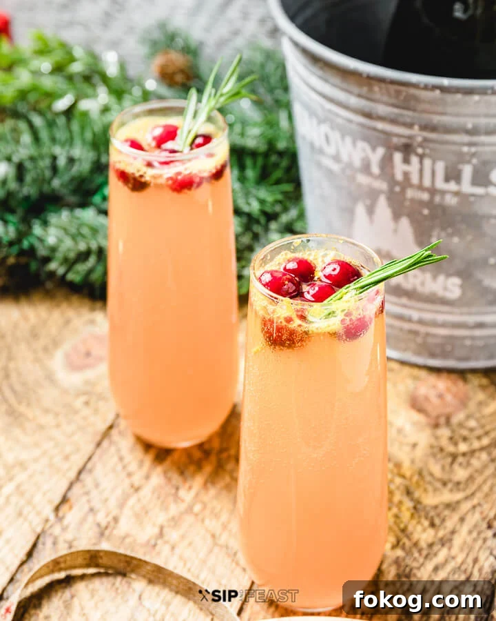 Cranberry Mimosa - sipandfeast.com #cranberrymimosa #holidaydrinks #cocktails 2 champagne flutes filled with cranberry mimosa, garnished with cranberries. Bucket with prosecco in background.