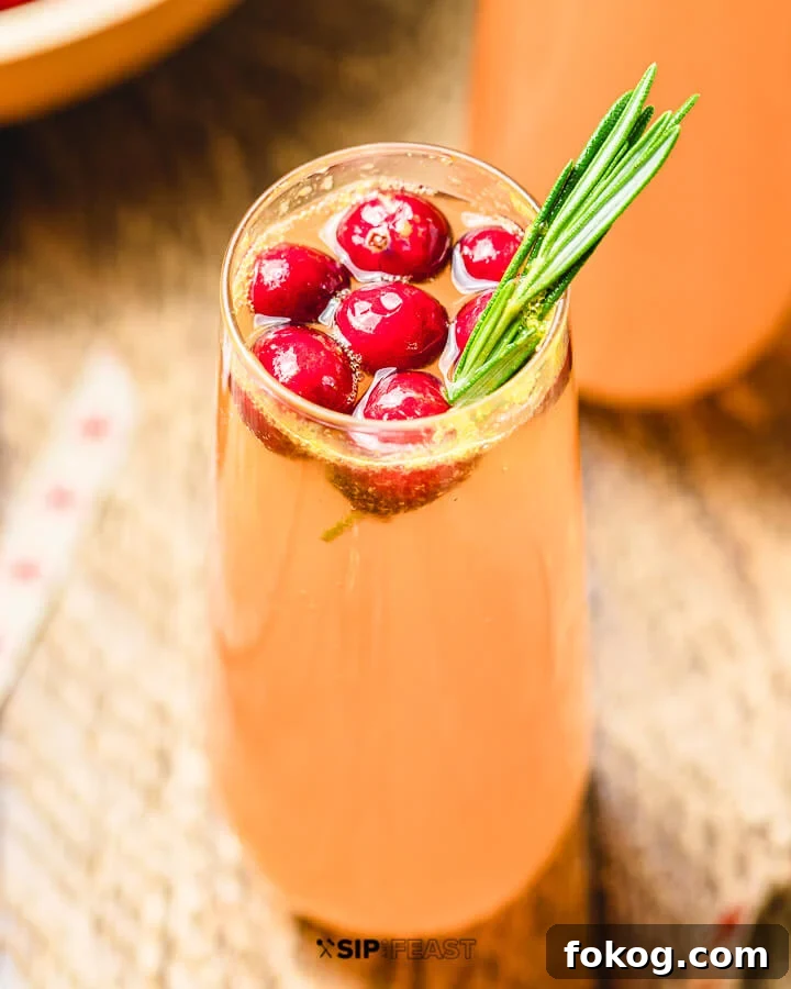 Cranberry Mimosa - sipandfeast.com #cranberrymimosa #holidaydrinks #cocktails Closeup shot of Cranberry Mimosa with cranberries and rosemary.