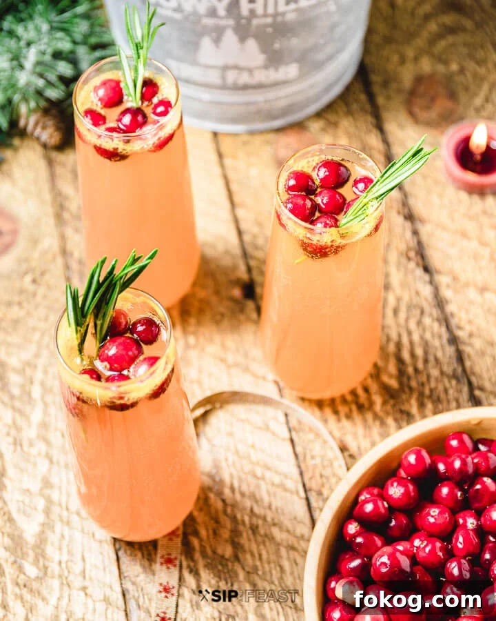 Cranberry Mimosa - sipandfeast.com #cranberrymimosa #holidaydrinks #cocktails 3 glasses of cranberry mimosas with bowl of cranberries on the side.