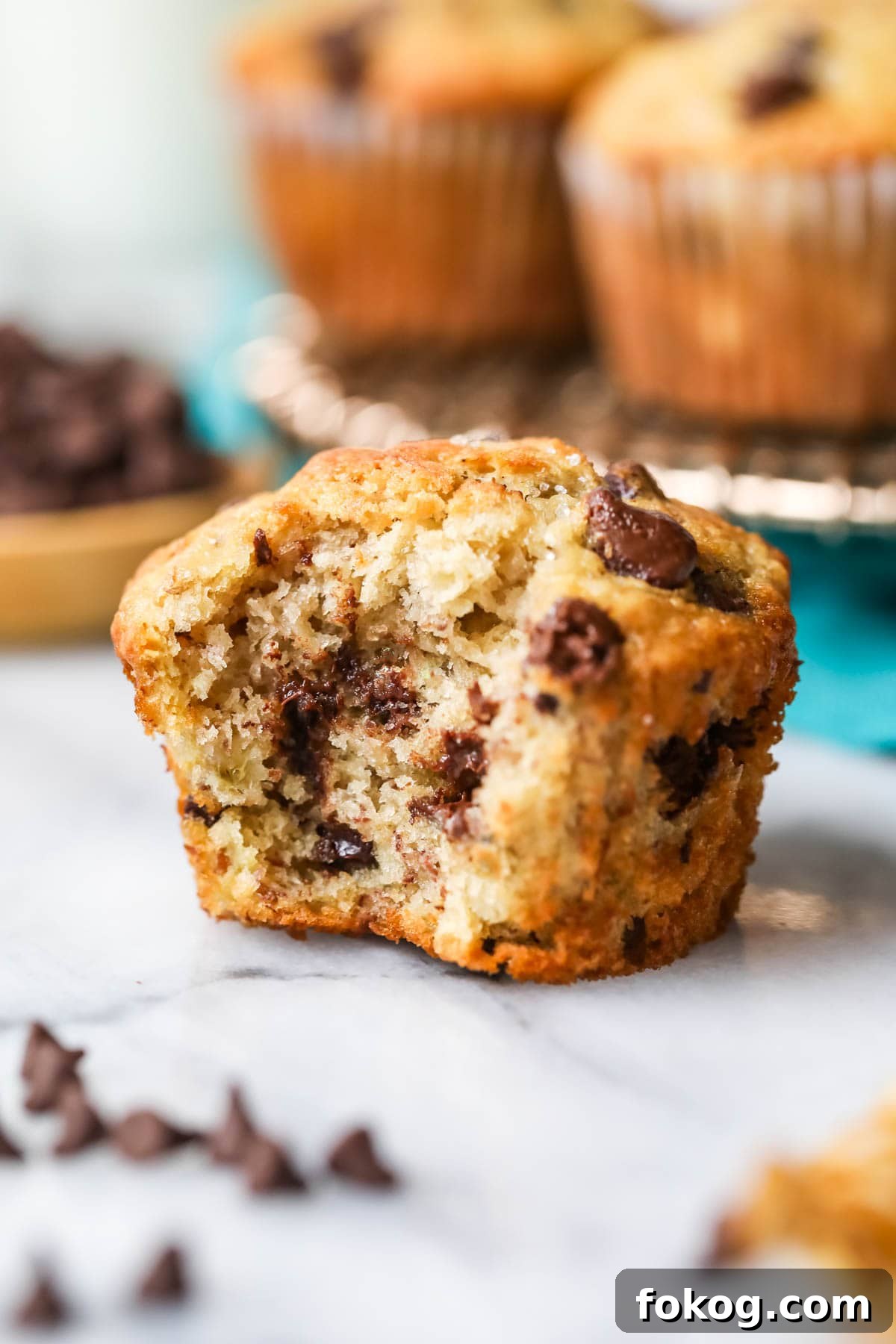 Chocolate chip banana muffin with one bite missing.