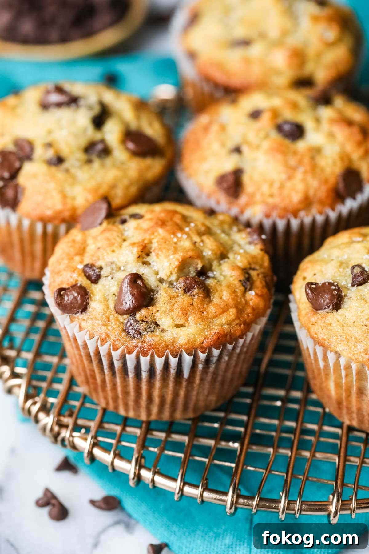 Chocolate chip banana muffins on a cooling rack.