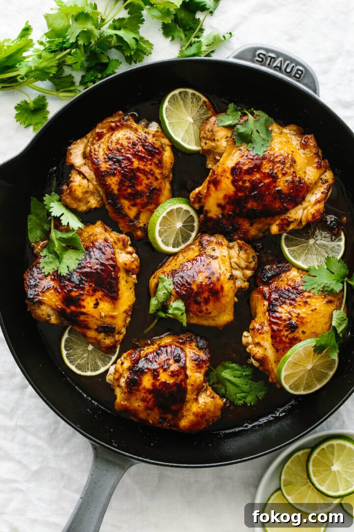 40+ Low-Carb Recipes for Weight Loss and Blood Sugar Control 6 Six cooked chicken thighs with cilantro lime flavors in a fry pan.