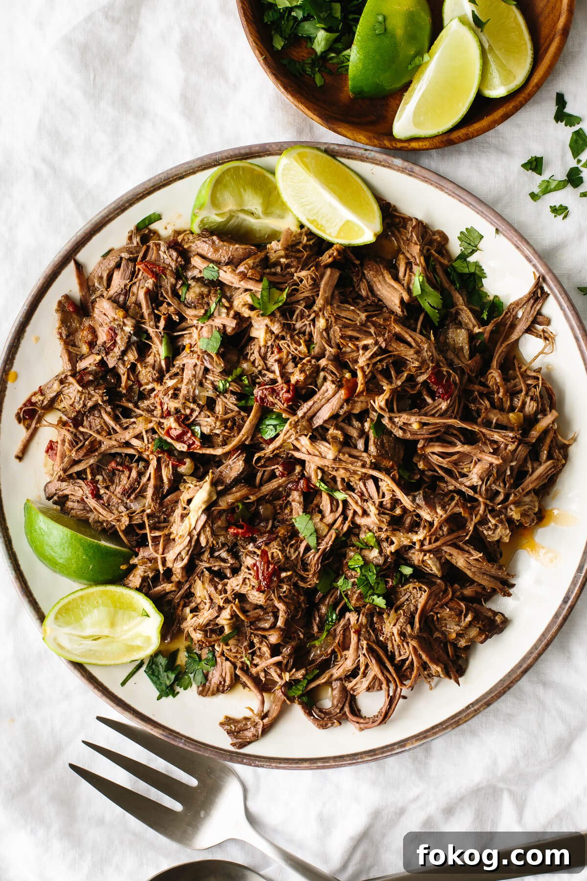 40+ Low-Carb Recipes for Weight Loss and Blood Sugar Control 7 Beef barbacoa on a plate with lime wedges.