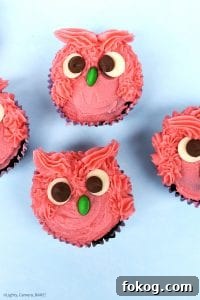 Adorable Owl Cupcake Recipe and Decorating Ideas 4 Owl Cupcakes are soft and fluffy chocolate cupcake decorated with a vanilla buttercream to look like gorgeous, googly eyed owls! Perfect for a birthday cake, party, get together or just for fun. #owlcupcakes #pinkowl