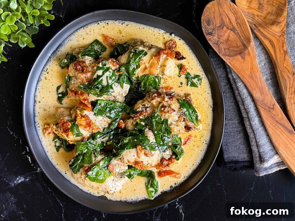 Slow Cooker Tuscan Chicken in a dark bowl on a dark surface.