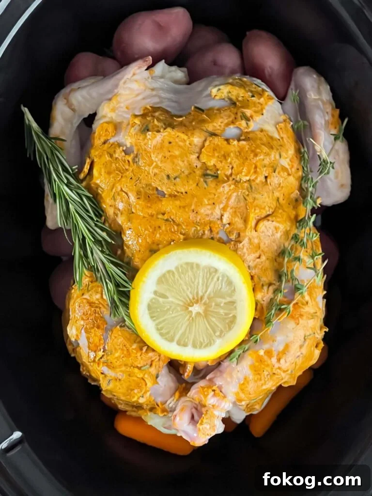 All raw prepped ingredients for slow cooker lemon herb whole chicken in the crock.