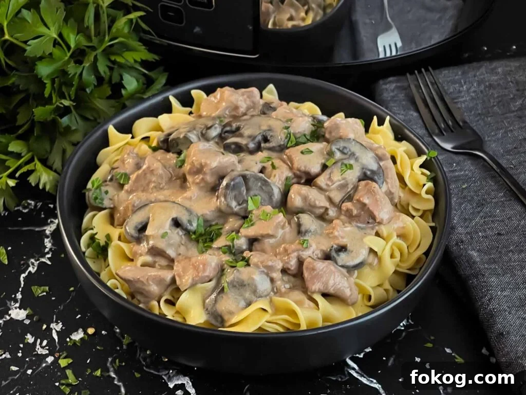 Slow cooker beef stroganoff in a dark bowl, garnished with chopped parsley.