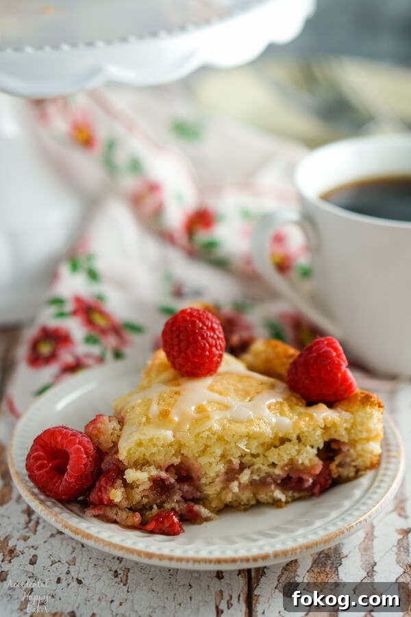 Raspberry Crumble Coffee Cake with Brown Sugar Streusel 3 A slice of raspberry coffee cake sitting next to a cup of coffee.