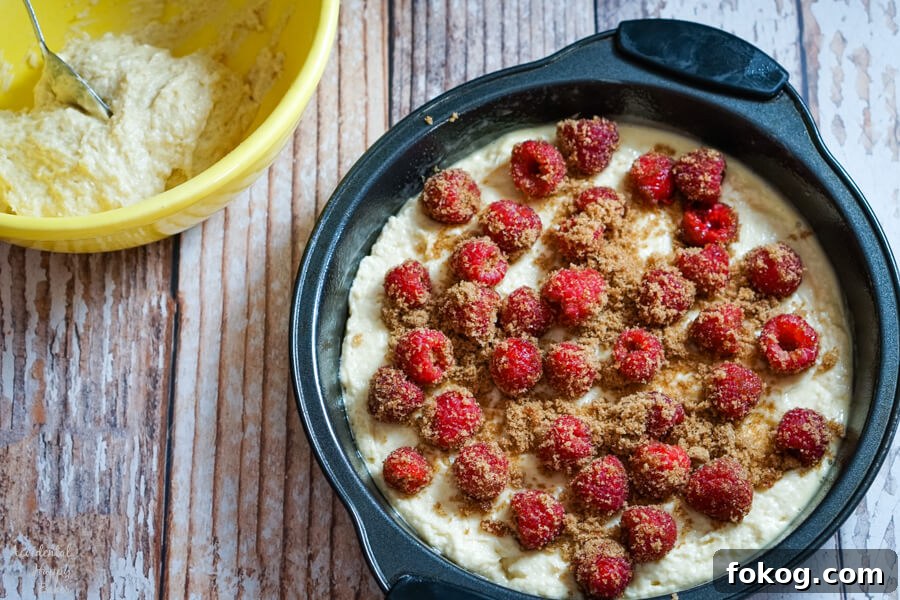 Raspberry Crumble Coffee Cake with Brown Sugar Streusel 4 Raspberries and brown sugar are sprinkled over the cake batter.