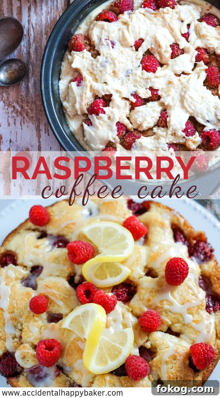 Raspberry Crumble Coffee Cake with Brown Sugar Streusel 8 Raspberry coffee cake has tender vanilla cake surrounding juicy fresh raspberries and is topped with a bright lemon glaze. No mixer required and ready in about 45 minutes. #raspberry #coffeecake #coffeecakerecipe #accidentalhappybaker