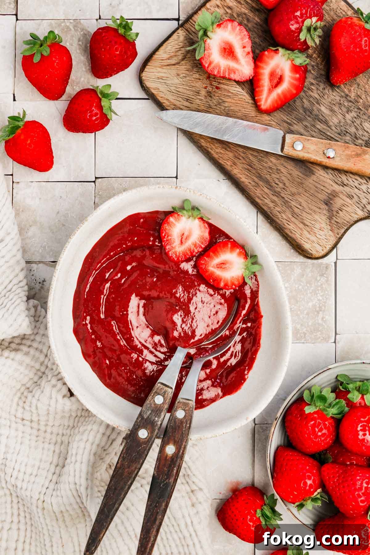 ingredients for strawberry puree recipe: chopped strawberries, sugar and lemon juice