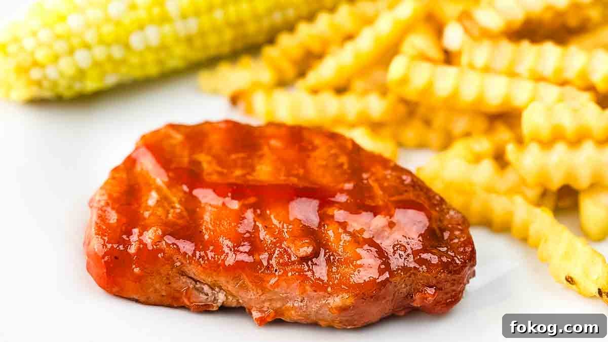 Smoked Thin-Cut Pork Chops on a Traeger Grill 2 A plate of Traeger smoked thin pork chops garnished with fresh herbs, served with French fries and grilled corn on the cob.