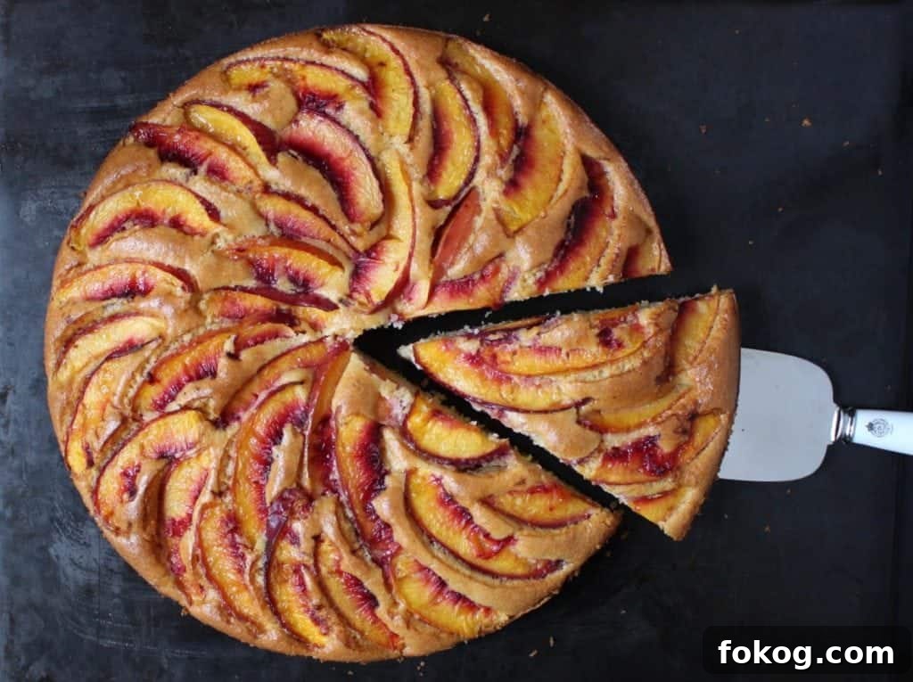 Flatlay photo of the cake with a slice cut off.
