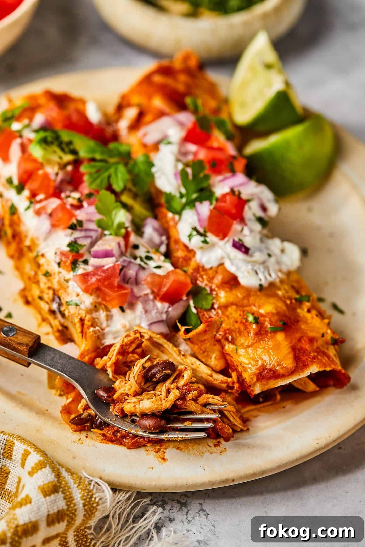 Chicken and Black Bean Enchiladas with Tangy Salsa Verde 12 a close up of chicken and black bean enchiladas topped with salsa, sour cream, and cilantro.