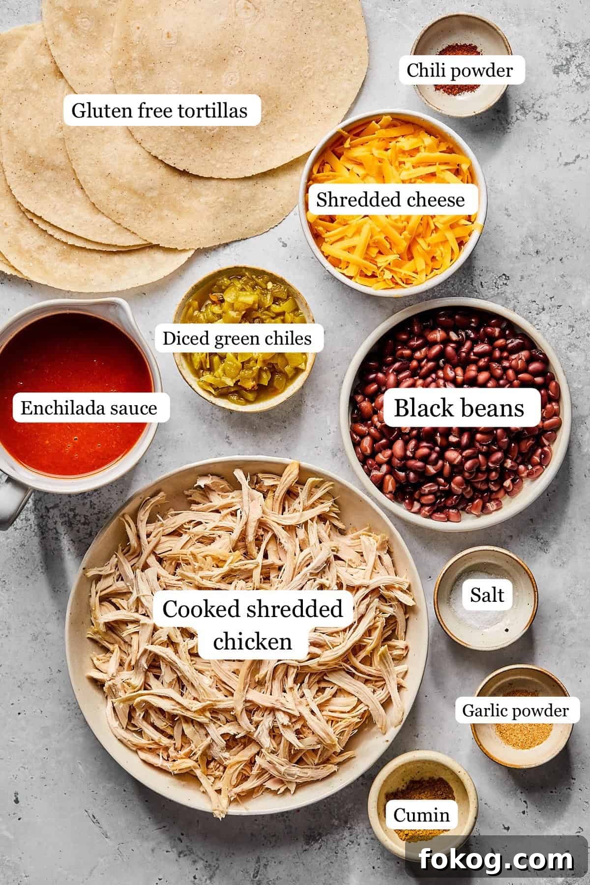 Chicken and Black Bean Enchiladas with Tangy Salsa Verde 3 recipe ingredients in small bowls and labeled.