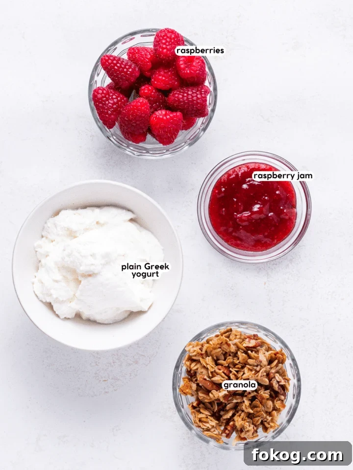 Creamy Raspberry Parfait Recipe with Crunchy Granola 3 picture of the ingredients needed to make the recipe