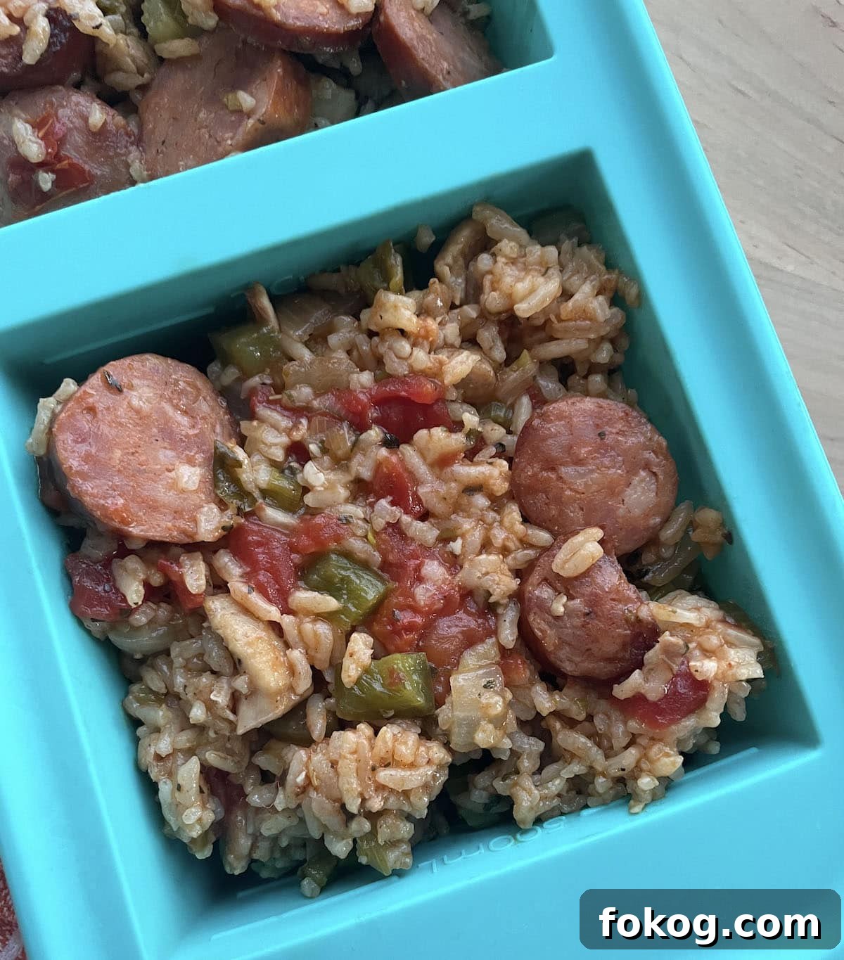 A filled Souper cube container showing how to freeze jambalaya.
