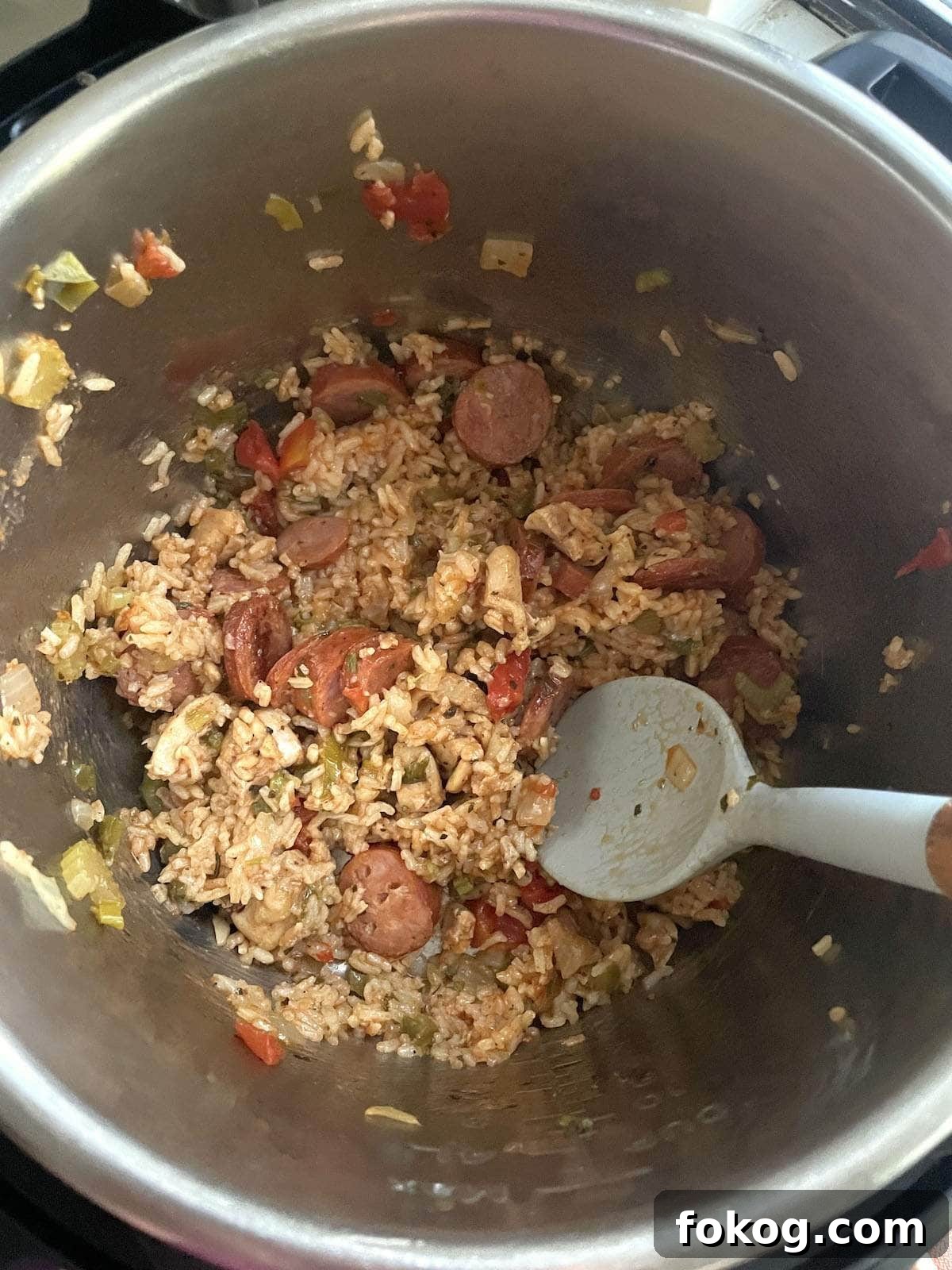 Leftover chicken and sausage jambalaya in an instant pot.