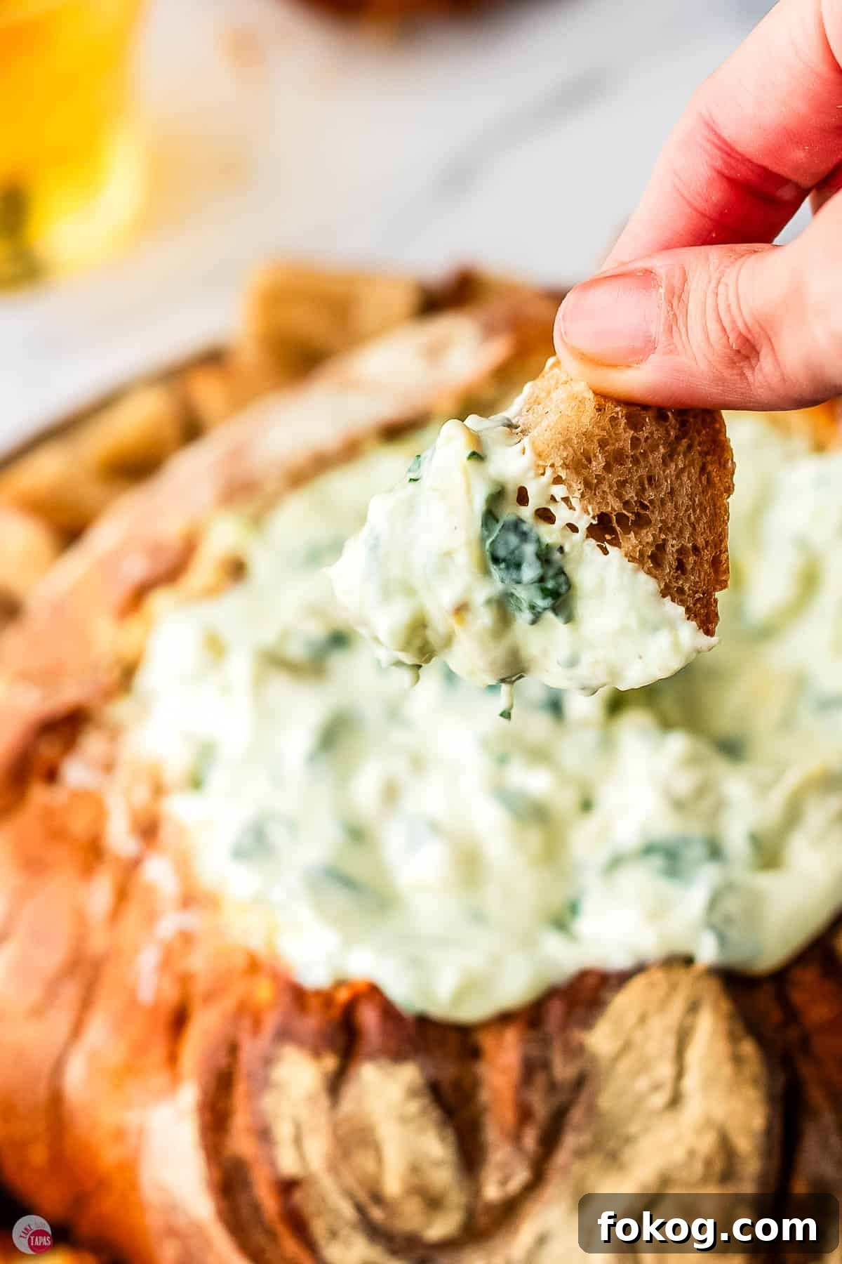 hand holding a chunk of bread that was dunked in dip