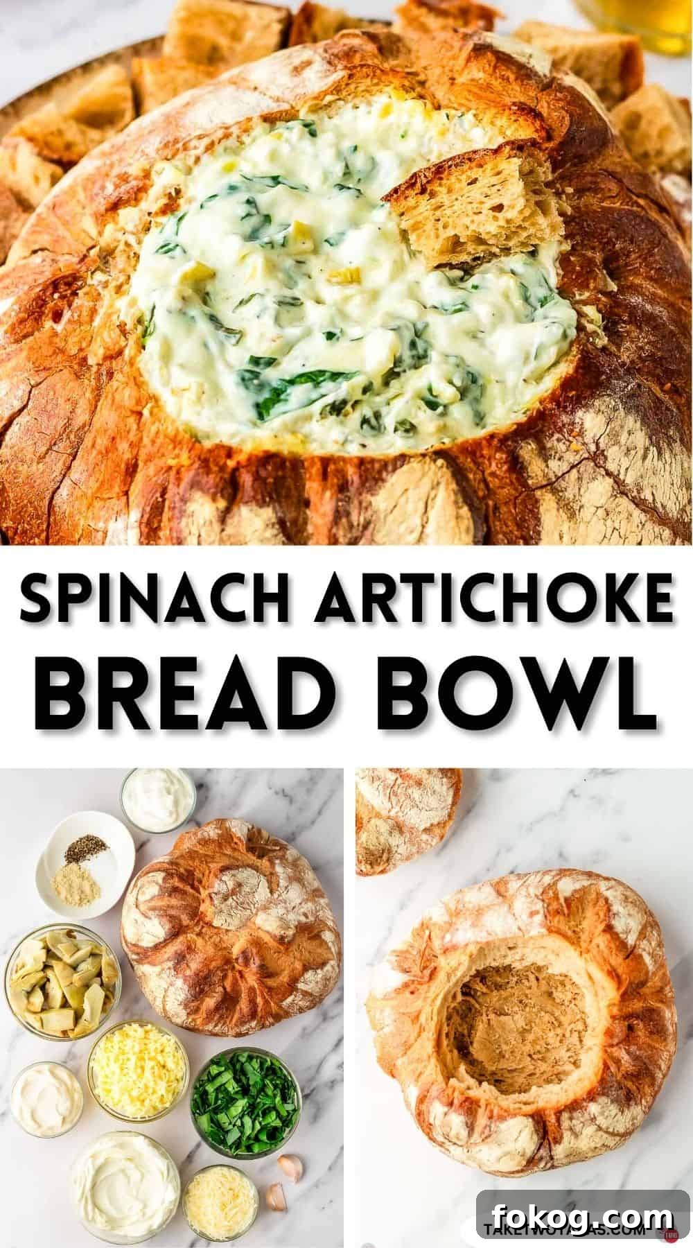 pinterest pin image for spinach artichoke bread bowl dip