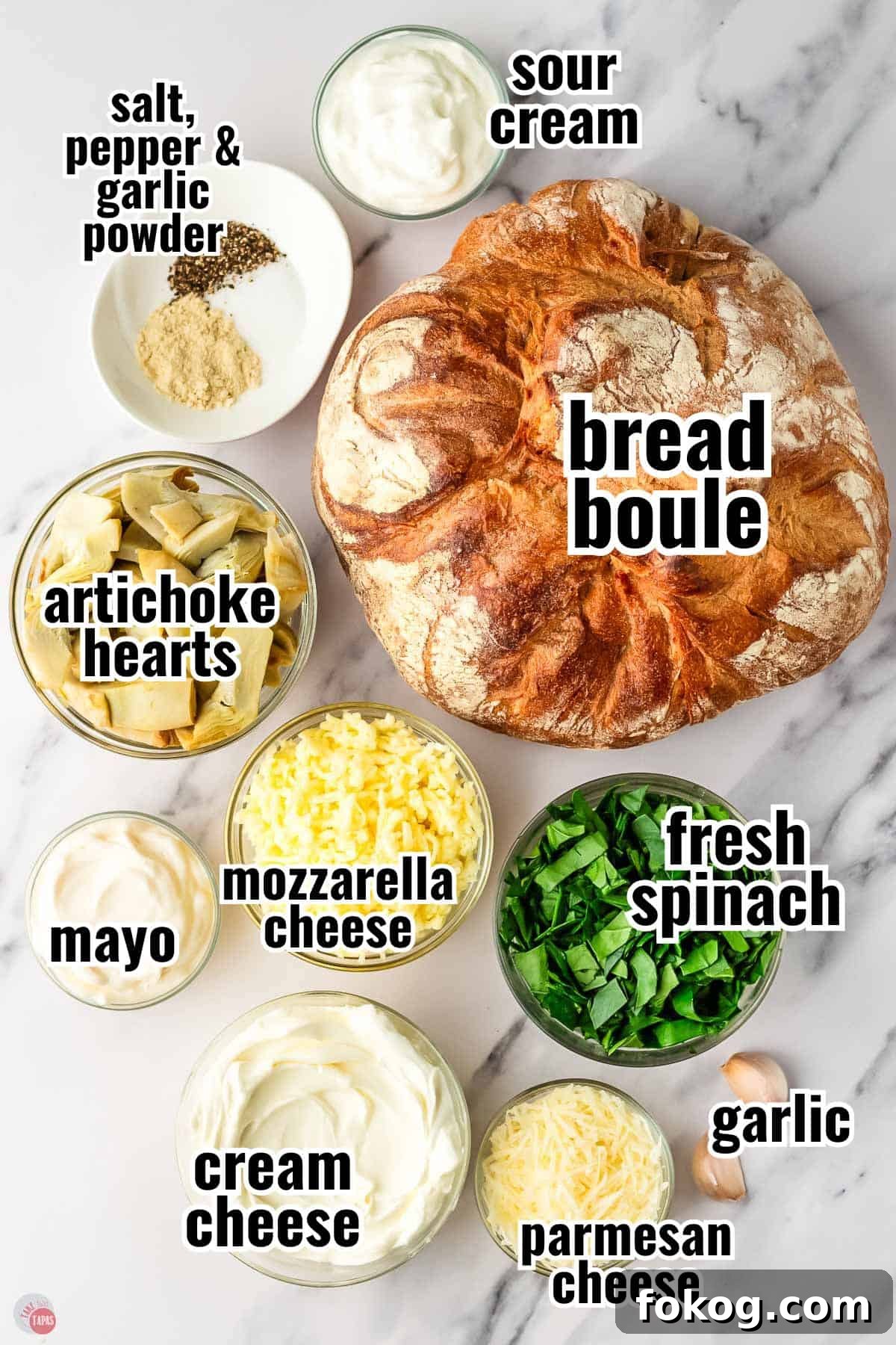 labeled ingredients for a baked spinach and artichoke dip served in a bread bowl