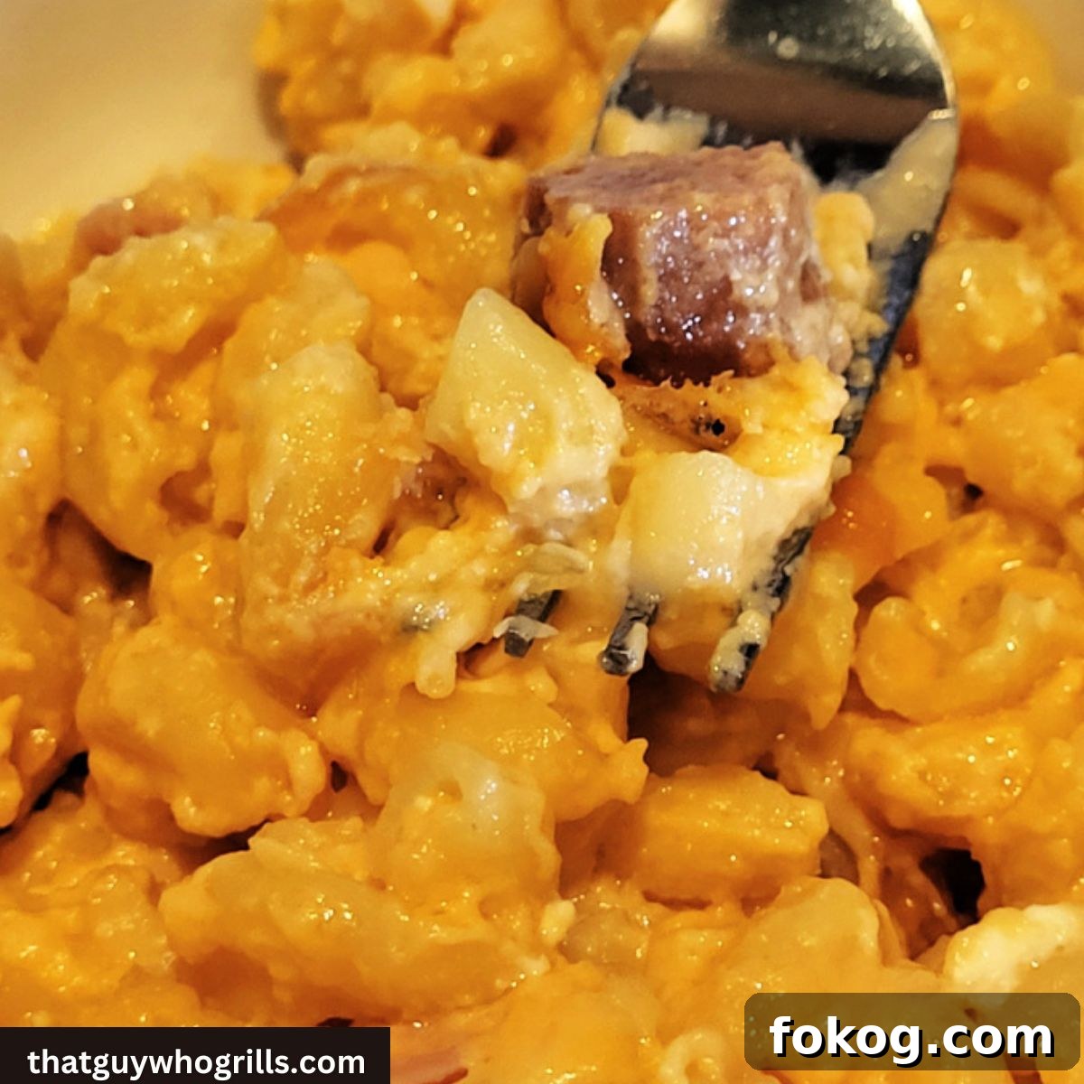 Creamy Smoked Ham Mac and Cheese 6 Smoked Ham Mac and cheese on a fork in a bowl