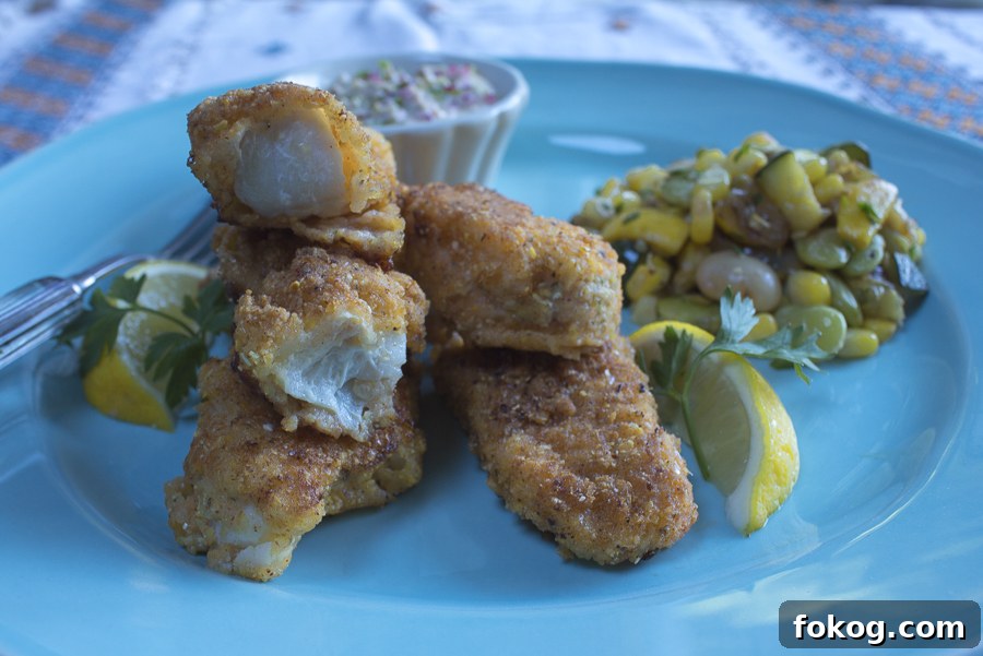 Cornmeal-Crusted Fish Fingers with Skillet Succotash Recipe 11 Ready to eat, serve with lemon wedges and enjoy!