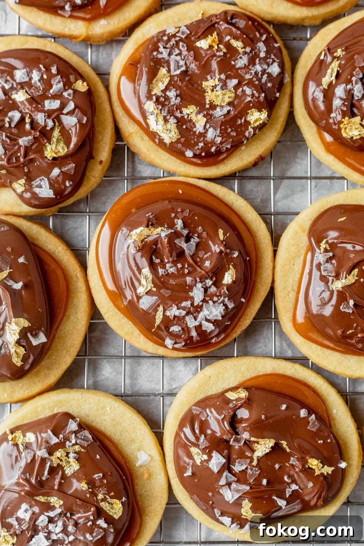 Millionaire Cookie Recipe: Caramel Shortbread Bars Tutorial 9 millionaires shortbread cookies on a cooling rack.