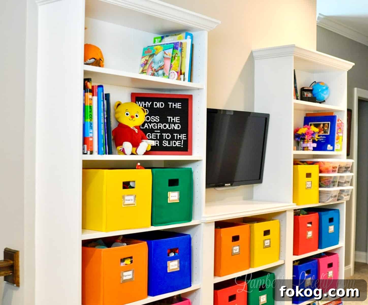 Built-In Bedroom Wardrobe Using IKEA Billy Bookcases 24 ikea billy bookcase built-ins with colorful bins in a playroom.