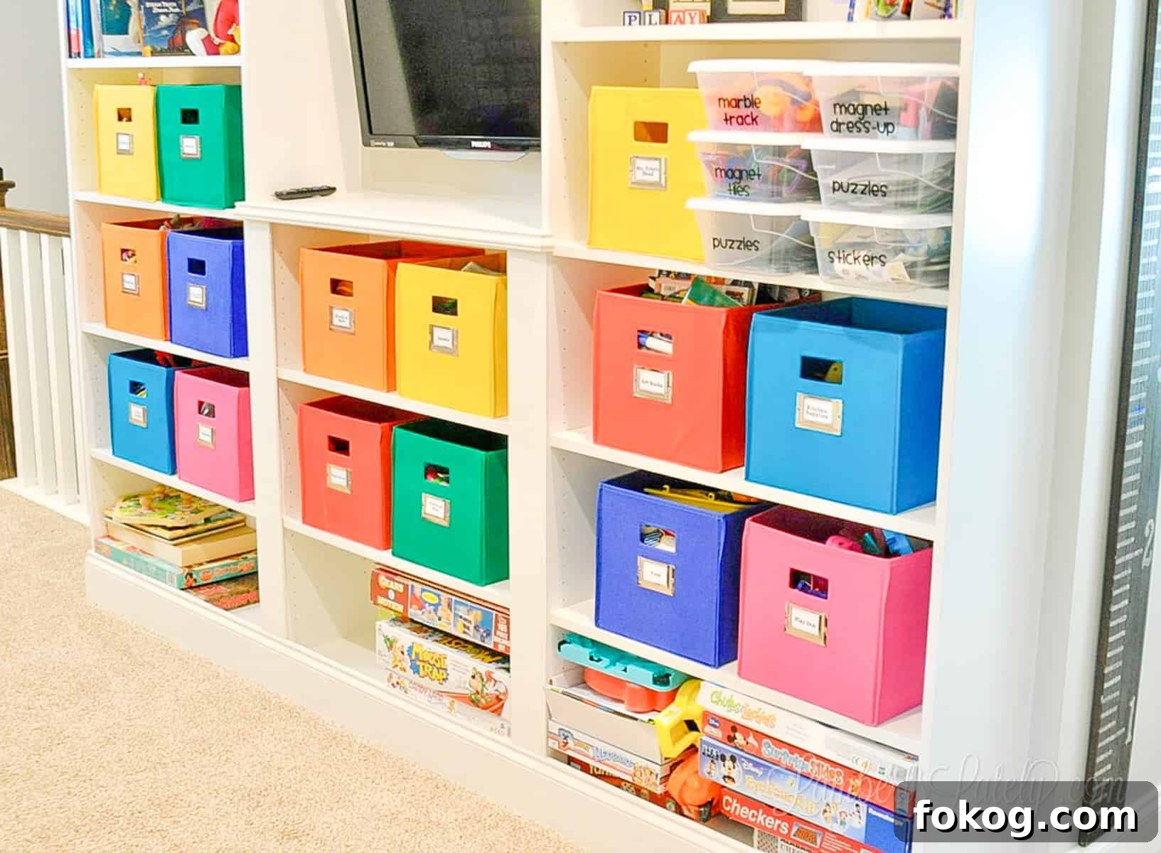 Built-In Bedroom Wardrobe Using IKEA Billy Bookcases 25 ikea billy bookcase built-ins with colorful bins in a playroom.