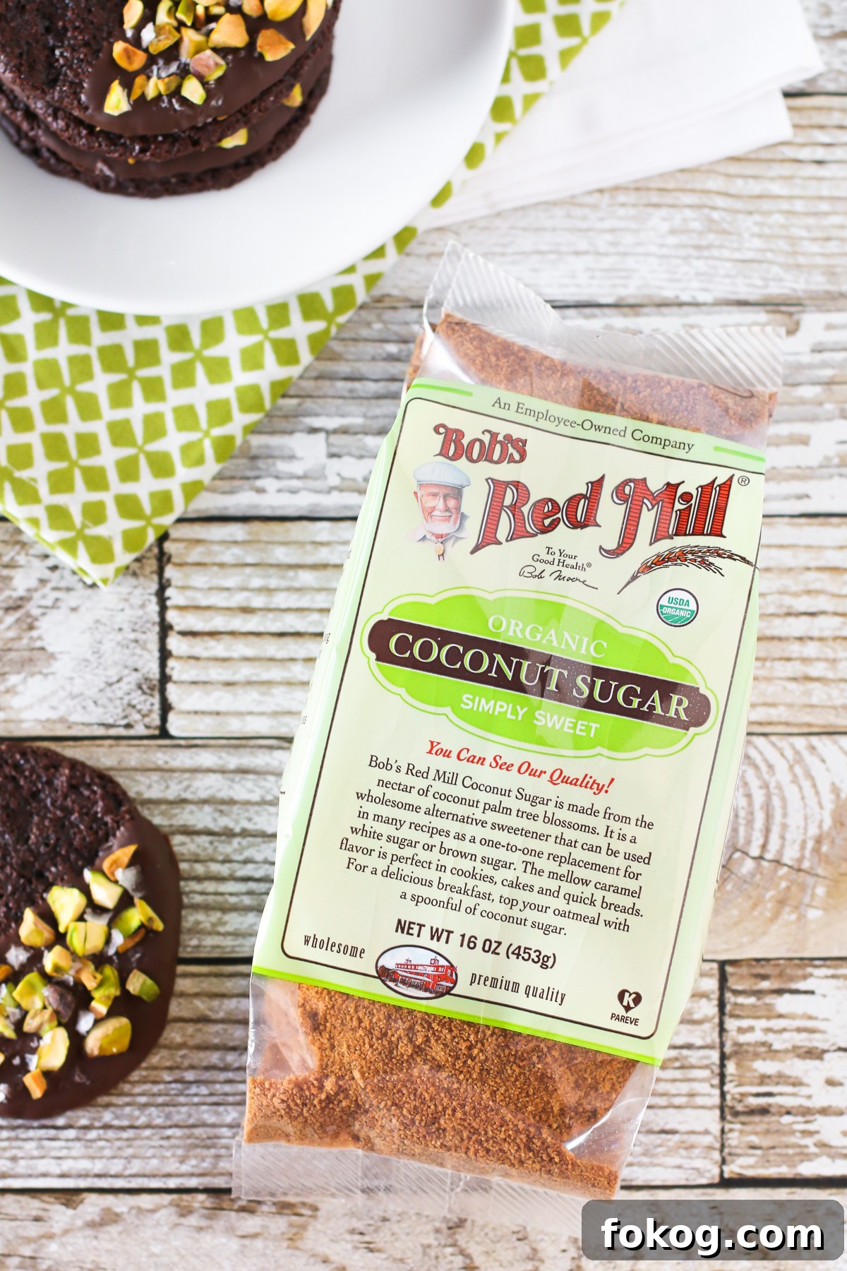 Grain Free Vegan Sea Salt Pistachio Chocolate Cookies. Made with Bob’s Red Mill Coconut Sugar, these chocolate-dipped cookies are quite decadent!