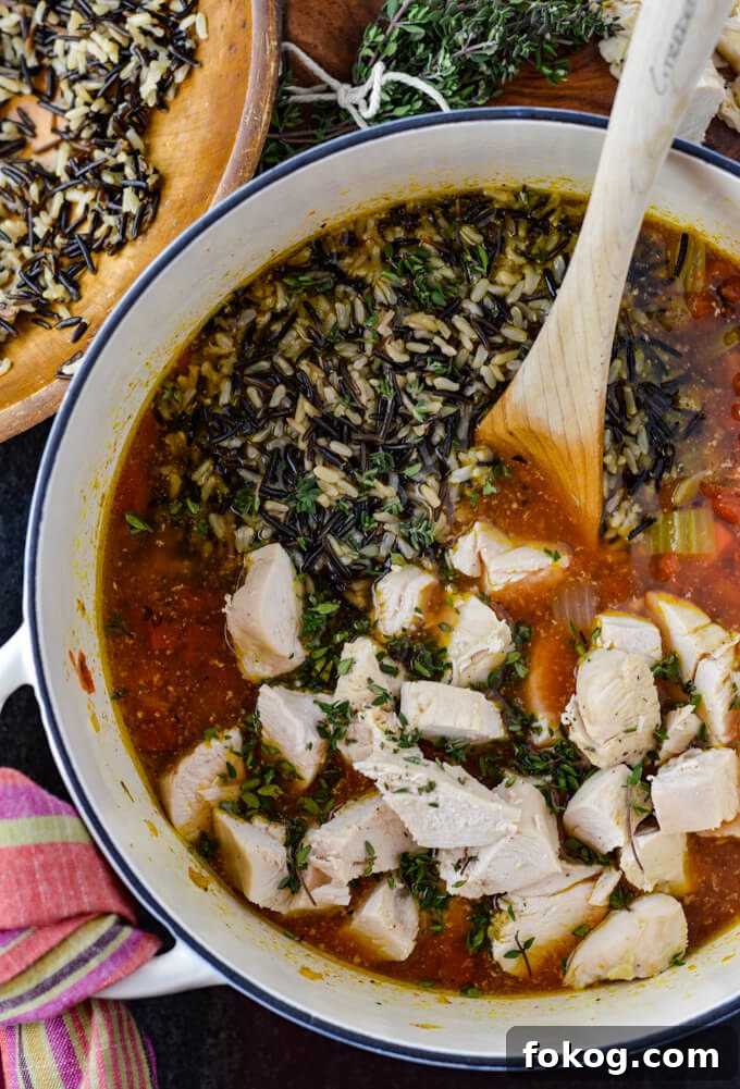 Hearty Chicken and Wild Rice Soup Recipe for Cozy Nights 6 A Dutch oven with broth, veggies, wild rice and chunks of chicken.